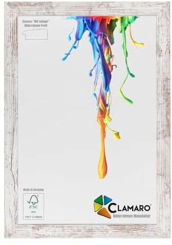 CLAMARO Bilderrahmen Neo Collage 24x34 cm, Vintage Weiß, MDF-Holz, Urkunden | Acrylglasscheibe, HDF-Rückwand, Metall-Zackenaufhänger, Quer- und Hochformat nutzbar, für Fotos, Poster