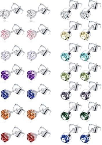 JeweBella 14 Paar Ohrstecker Chirurgenstahl Damen Hypoallergene Medizinische Ohrstecker Set Cubic Zirkonia Ohrringe Silber Geburtsstein Ohrstecker Piercing Knorpel Schlaf Ohrringe für Mädchen Herren