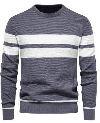LUVCES Pull Homme Décontracté col Ras du Cou à Blocs Couleurs pul Rayé Manches Longues Tenue Quotidienne Pull Tricoté Gris L