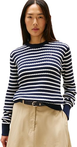 Tommy Hilfiger Jersey Mujer Cable Fine con Punto Trenzado, Multicolor (Dark Night Navy/Ivory Silk STP), XS