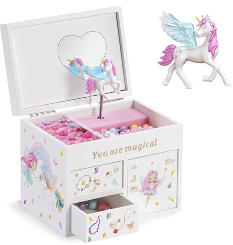 Lolalet Boîte Bijoux Enfant Licorne, Boite à Bijoux Musicale Filles, Boîte Musique Bois, pour Ranger Colliers Bracelets Bagues Montres -Blanc