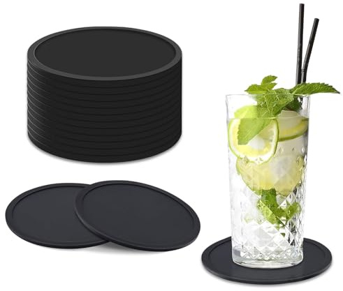 20 Set LAINIKE Silikon Untersetzer Rund für Gläser Silikon Untersetzer Gläser rund rutschfest Glasuntersetze Hitzebeständiger für Tassen Tisch Bar Getränke(Schwarz)