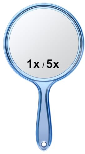 Macaki Handheld Mirror with Handle, 10.5 x 5.7 inches, Double-Sided 1X/5X Magnification Travel Makeup Mirror for Women, Blue
