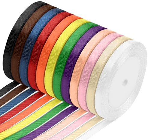 LFBEST Ribbons for Gift Wrapping in 12 Colors, 12 Rolls 6mm x 22 Meters Thin Ribbon Set, Rainbow Fabric Ribbon for Wedding, DIY Crafts, Cakes, Gift Wrapping, Bouquets
