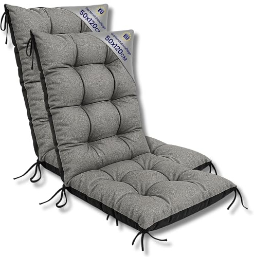 Gartenstuhl Hochlehner Auflagen 2er Set 50x120 cm - Sitzauflagen Gartenmöbel Gartenstuhlauflagen Polster Auflage für Gartenstühle Sitzpolster Outdoor Stuhlauflagen Sitzkissen Grau Öko-Leinen