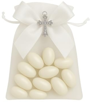 Lot de 25 Pochettes + Croix Argentées – Sachets à Dragées, Cadeaux Invités Mariage Baptême Naissance– Contenant Bijoux, Bonbons, Souvenirs