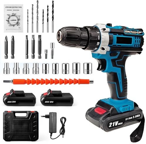 21V Cordless Drill Set Electric Combi Drills Driver Screwdriver 32N·m, Cordless Electric Screwdriver Set with 2*Battery,25+3 Torque Set, 2-Speed, LED Work Light, for Home and Garden DIY Project (A)