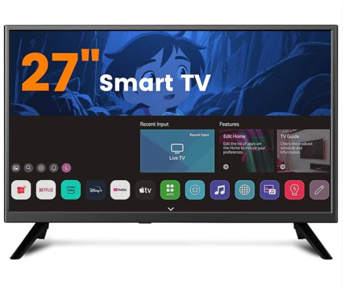 ZOSHING Smart TV de 27 pulgadas, pequeño televisor con entrada HDMI, sintonizador digital integrado/USB compatible con montaje en pared, para dormitorio, cocina, caravana, incluye control remoto