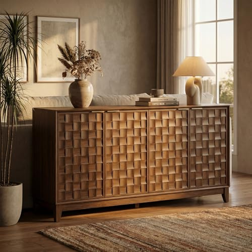 COLAMY 60 Buffet Cabinet with Storage, Modern Sideboard with 3D Checkerboard Doors & Solid Wood Legs, Large Kitchen Credenza Floor Cupboard for Dining Room, Hallway, Entryway,Dark Walnut