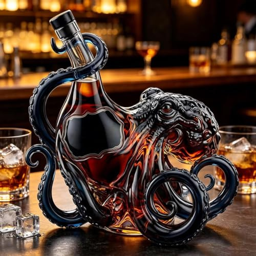 3D Octopus Glass Decanter, Premium Crystal Clear Hand-Blown Vessel with Tentacle Details for Whisky Serving, 350ml Nautical Centerpiece for Home Bar or Office Decor