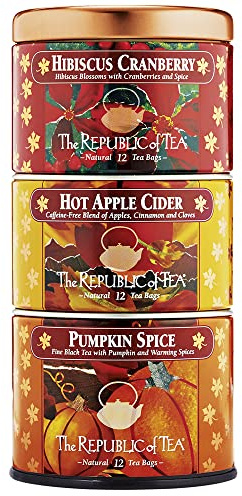 The Republic of Tea – Harvest Stackable Tea Tin, 36 Tea Bags, Hibiscus Cranberry Herb, Hot Apple Cider Herb, and Pumpkin Spice Black, Gluten Free