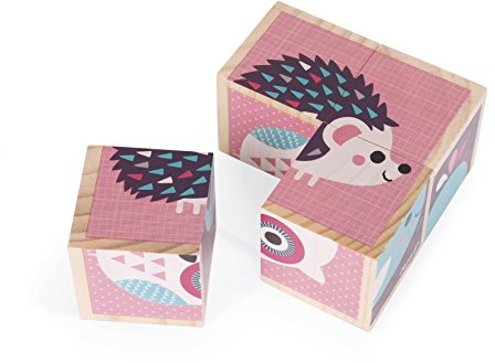 Janod - Baby Forest Bilderwürfel ‘Tierkinder’ aus Holz - 4 Holzbausteine mit 6 verschiedenen Motiven für Kleinkinder - Puzzlespiel - Holzspielzeug ab 1 Jahr, J08001