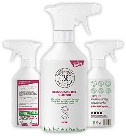 Dry Dog Shampoo Spray For Smelly Dogs - Wipe Clean Stain Remover - Cruelty Free Waterless Grooming Products Organic Odour Deodoriser Neutraliser - Best Fox Poo Cleaning Animal Wash (500ML)