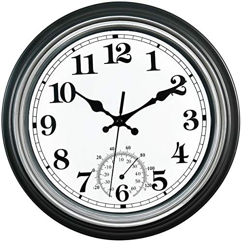 SMILEMARY 12-Inch Indoor/Outdoor Retro Silent Non-Ticking Waterproof Wall Clock with Thermometer,Battery Operated Quality Quartz Round Clock Wall Decorative for Patio/Home