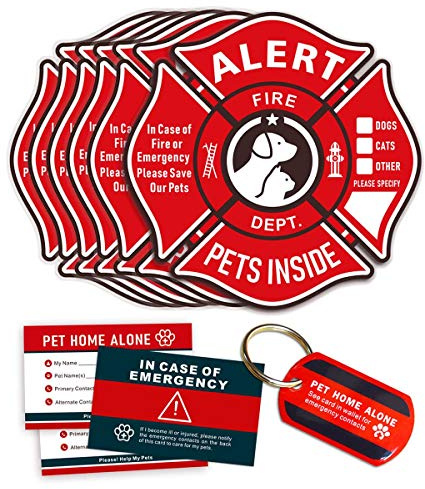 Pet Alert Stickers Static Cling Window Decals Emergency Pets Rescue Sign (6 Pack) with Bonus: Pet Home Alone Wallet Card & Key Tag - NO Adhesive, Removable, UV Resistant