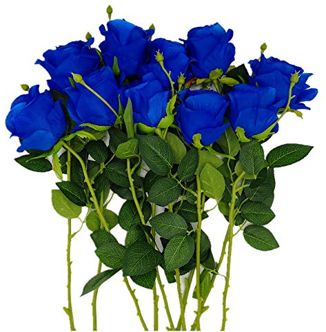 AnotherGifts Ramo de Rosas Artificiales de Seda Azul Real, decoración del hogar, Boda, Fiesta, jardín, Tallo Largo para Bricolaje