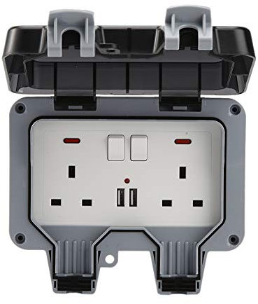 Outdoor Socket IP66 Waterproof Socket, 13A Switched Plug Sockets Wall Electrical Outlets Outdoor Wall Weatherproof Plug Socket Box with USB Charging Port (B)