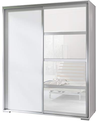 FurnitureByJDM Armoire Chambre avec Miroir – Armoire avec 2 Portes Coulissantes, 2 Tringles à Vêtements et 5 Étagères – 180 cm de Large - Leo (Blanc)