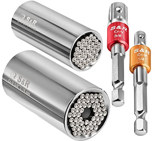 S&R Universal Steckschlüssel, Multi Stecknuss Set, 4-tlg, 2 x Multifunktion-Nuss 5-14 mm und 7-19 mm, 2 x Sechskant Adapter 1/4 und 3/8 Vierkant, einfaches Lösen von Muttern, Haken, Bolzen, uvm