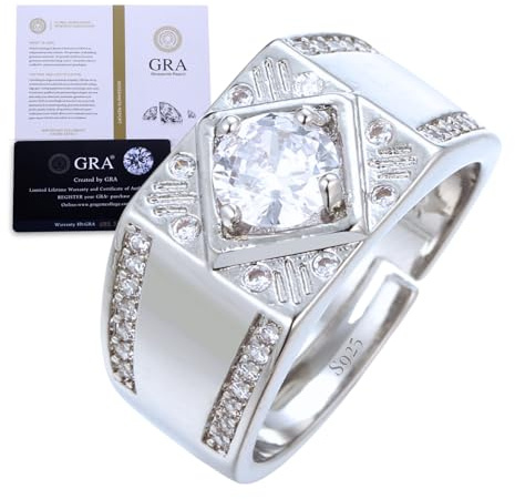 Halukakah Bague pour Homme Moissanite D1,0ct Argent 925 Plaqué Platine avec Certificat,Audacieuse Sertie Griffes Diamant de Laboratoire en Ronde,Taille Ajustable,pour Mari,Petit Ami,Fiançaille,Mariage