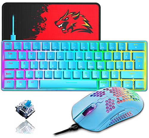 ZIYOU LANG 60% Kompaktes Mechanisches RGB-Gaming-Tastatur- Und Maus-Set – Mini-QWERTY-Layout, Abnehmbares USB-C-Kabel – 12000 DPI Waben-Programming Für PC -Blauer Mit Blauer Schalter