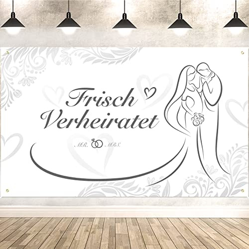 DPKOW Frisch Verheiratet Banner Deko Hochzeit, Romantisch Just Married Banner Deko für Innen Außen Haustür Garten, Mr & Mrs Banner Deko Hochzeitsbogen, 185 * 110cm