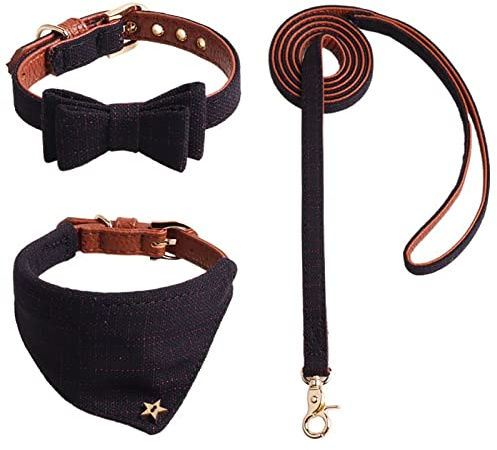 SHINROAD Hundehalsband-Set mit Schleife, kariert, mit Leine, mittelgroß, für den Außenbereich, marineblau, Größe L