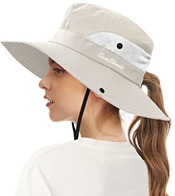 ECOMBOS Womens Sun Hats Wide Brim UV Protection Mesh Foldable Ponytail Bucket Fishing Hat Beach Cap for Fishing Hiking Gardening Outdoor