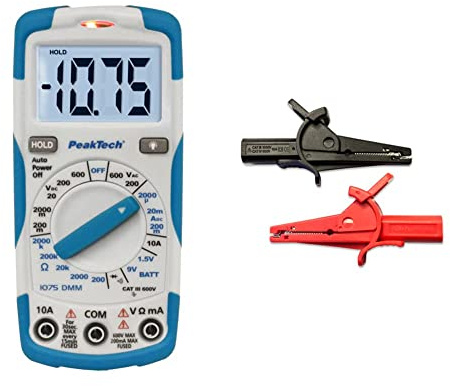 PeakTech P 1075 1075 – Digitales Multimeter NCV Cat III mit Beleuchtetem LCD-Display, Batterietester, Max. 600 V & Isolierte 4 mm Krokodilklemmen -CAT III, 1 Stück, P 7015