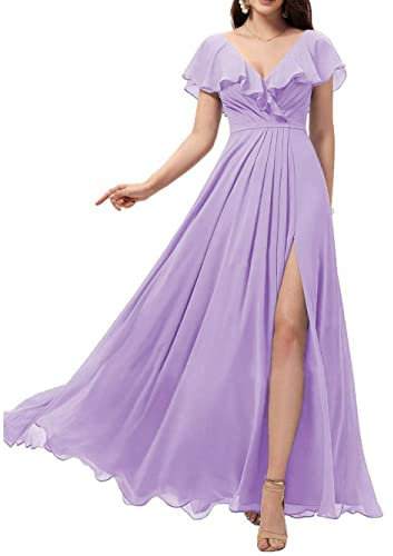 WSEYU Scollo a V Abiti da damigella d'onore lunghi con fessura in chiffon una linea di volant abiti da ballo con tasche C087, Lilla, 46