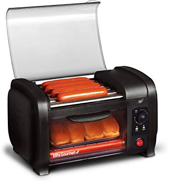 Elite Gourmet Cuisine EHD-051B Hot Dog-Toaster-Ofen, 30-Minuten-Timer, Edelstahl-Heizwalzen, Back- und Krümelblech, World Series Baseball, Kapazität für 4 Brötchen, schwarz