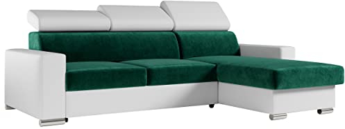 MKS MEBLE Ecksofa Wohnzimmer - Wohnlandschaft - L-Form Couch mit Schlaffunktion - Bettsofa - Wohnzimmer L Couch - Polstersofa mit Bettkasten - Fox Dunkelgrün Weiß