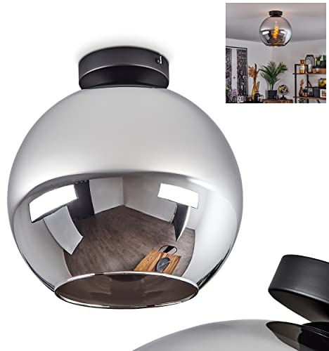 HOFSTEIN Deckenleuchte Koyoto, Deckenlampe aus Metall/Glas in Schwarz/Chrom-/Rauchfarben, Leuchte im Retro/Vintage-Design mit Schirm aus Glas, Ø 30 cm, E27, Schlafzimmer, Wohnzimmer, Küche, Esszimmer