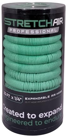 StretchAir Expandable Air Hose | 25ft x 1/4in inflated | Max PSI 300lbs | Kink Resistant | Expands & Contracts at a 2 to 1 ratio