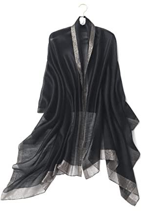 STARWHISPER Women's Gold Trim Silk Scarf Shawl Wrap - Elegant Accessory for Evening Dress - Gift Packaged (Black)