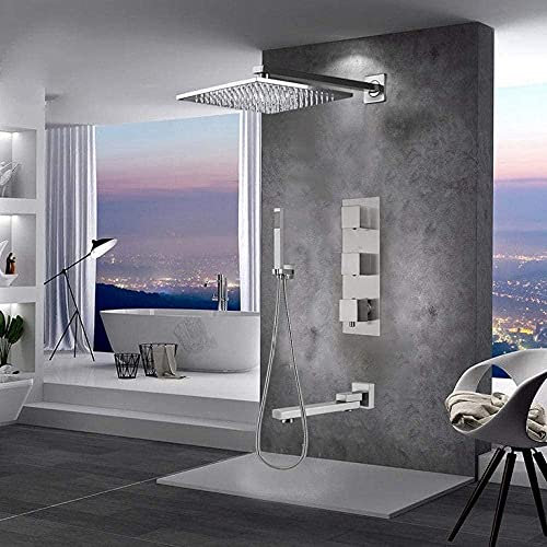 Juego de grifo de ducha termostático de níquel cepillado Cabezal de ducha de lluvia grande Sistema de grifo de ducha de baño Mezclador de baño con ducha de mano - Cabezal de ducha de 16 pulgadas