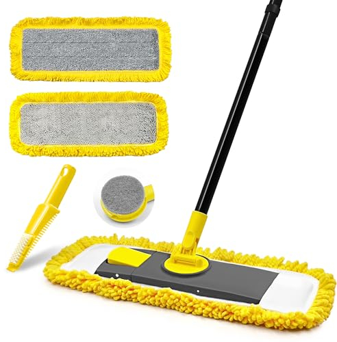 JEHONN Mopa Fregona Plana, Trapeador Mopas de Limpieza Suelos con 2 Almohadilla de Microfibra para Laminado, Teja, Suelo de Madera (Amarillo)