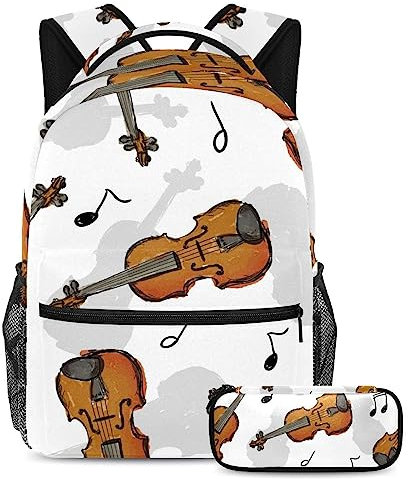 VAPOKF School Bag Set for Teen Girls Boys Kids, Student Bookbag Backpack Rucksack with Pencil Case for Primary Secondary Junior High School - Paint Violin Musical Instrument