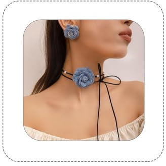 Bethynas Collana girocollo vintage con fiori in denim artificiale blu rosa catena lunga avvolgente collare in pelle cravatta floreale accessori per il collo da donna set di gioielli per feste nuziali