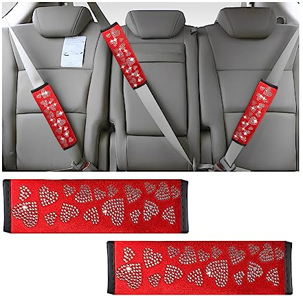 JNNJ 2er Pack Sicherheitsgurt Abdeckung für Frauen, Strass Kristall Glitzer Sicherheitsgurt Leder Schulterpolster, Auto Dekor Zubehö, für Frauen & Männer(Rot)