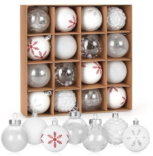Boules de Noël Blanc, Peint Boule Noel 6cm, Boules Sapin de Noël Geantes, Peint Texture Givré Briller, 16PCS Décoration de à Suspendre Plastique, Festival Décors