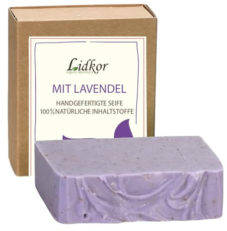 LIDKOR Lavendelseife 100g - Vegan Lavendel Handseife mit Lavendelöl | Feuchtigkeitsspendende Hautpflege mit Olivenöl & Rizinusöl - Handgemachte Naturseife - Macht die Haut weich
