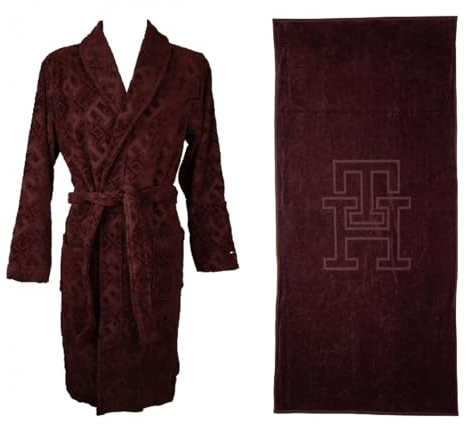 Tommy Hilfiger TH Frottee-Bademantel mit Stoffkragen mit Logo + Handtuch, Geschenkbox, Artikel UM0UM03018, Bademantel und Handtuch, XIH Deep burgundy, S