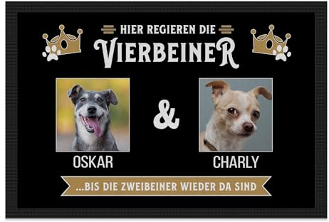 PfotenSchild personalisierte Fußmatte für Hunde und Katzen selbst gestalten - Hier regieren die Vierbeiner... - mit Fotos & Namen - Zwei Tiere, mehrere Personen - 75x50cm