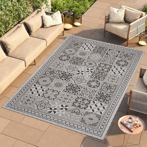 TAPISO Melissa Teppich Outdoor Grau Schwarz Mosaik Indoor Küche Flur Wohnzimmer Schlafzimmer Balkon Terrasse Kurzflor Flachgewebe ÖKO-TEX 60 x 100 cm