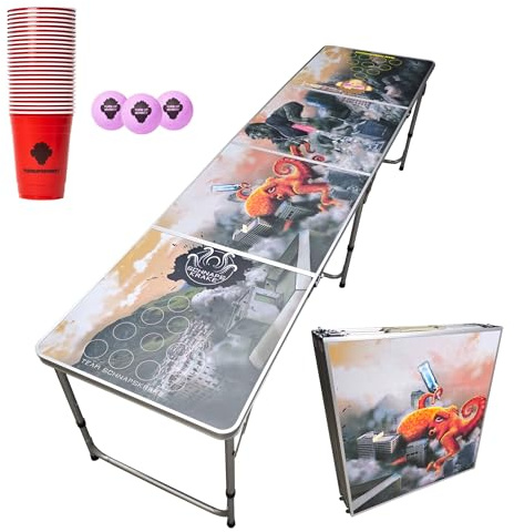 Schnapskrake ® - Partyspiel Tisch inkl. Becher und Bälle - außergewöhnliches Design - Klappbarer Tisch mit Tragegriffen - Offizielle Spielmaße - Wasserfeste Oberfläche (Krake vs. Monkey)