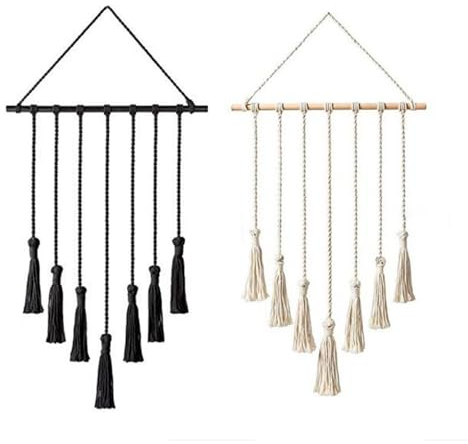 EXQUILEG Makramee Wandbehang Boho Deko, Hängender Fotowand für Wohnkultur, Schlafzimmer und Hochzeitsfeier - Inklusive Fotoseil und 25 Klämmerchen - 65cm x 40cm (Weiß und Schwarz)