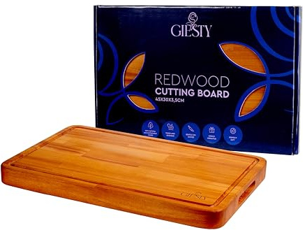 Tabla de cortar de madera maciza acacia/redwood, tabla cocina reversible con ranura para jugos y asas, bloque de carnicero para carne, verduras, pan, queso (Redwood, 45cm x 30cm x 3,5cm)