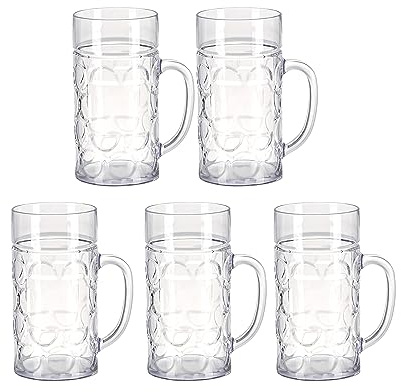 YUHANGCIYE 5 Kunststoff-Bierkrug mit Griff, unzerbrechliche Trinkgläser, bruchsichere Wassergläser für drinnen und draußen, spülmaschinenfest, klare Bierbecher