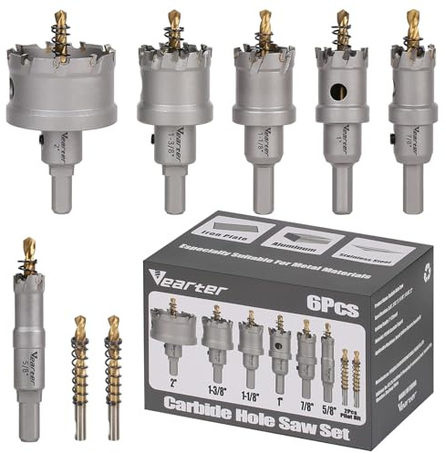 Vearter 8PCS TCT Hole Saw Kit,16-51mm(5/8''-2'') Carbide Bit Set with Pilot Drill, Holesaw for Hard Metal, Stainless Steel, Iron, Mild Steel, Aluminium, Alloy, Plastic, Fiberglass